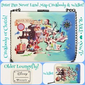 LOUNGEFLY DISNEY PETER PAN NEVERLAND MAP CROSSBODY/CLUTCH BAG & ZIP WALLET SET!